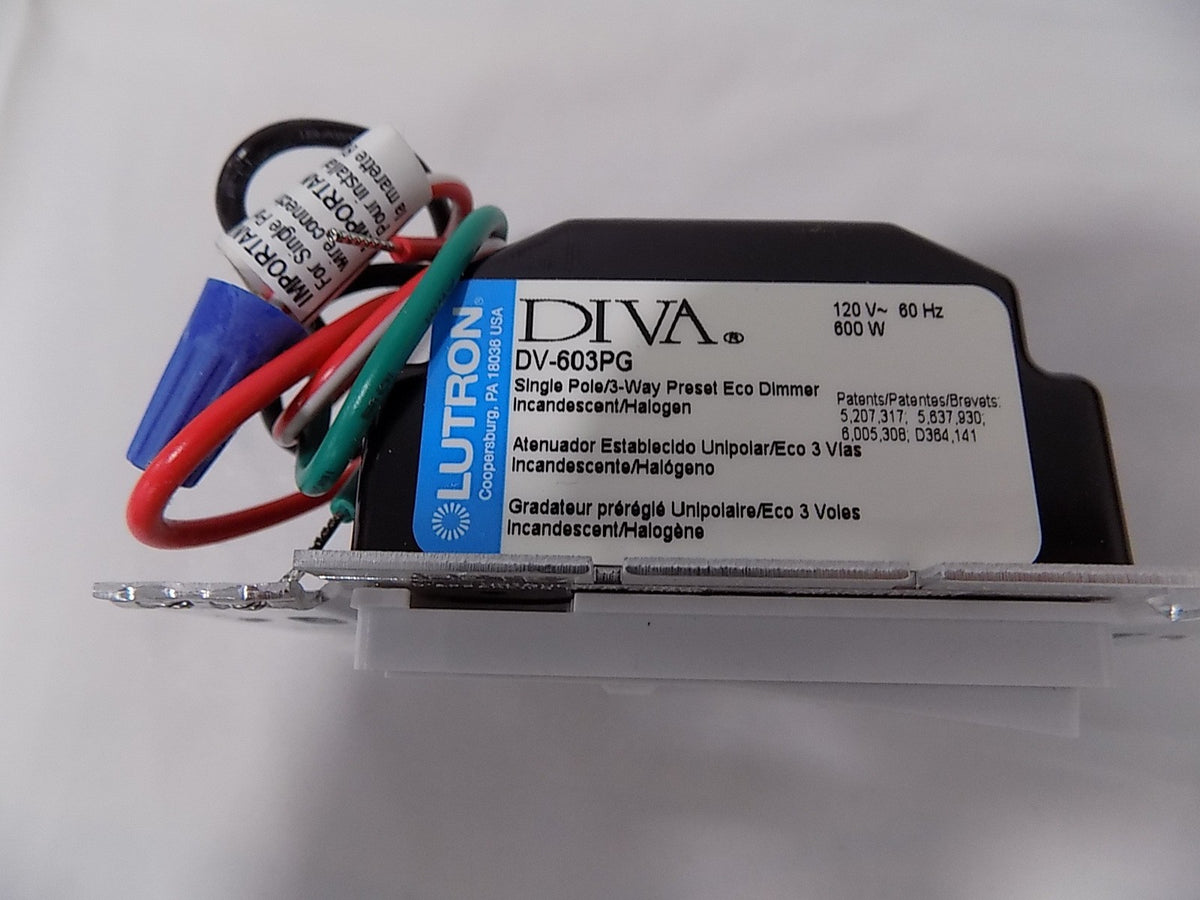 Lutron DV-603PG-WH Diva 600W Incandescent / Halogen Single Pole 3-Way Eco-Dimmer