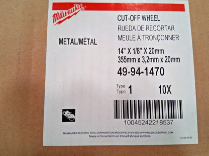 Milwaukee Tool A/O TYPE 1 Abrasive CUT-OFF Wheel 14X1/8X20MM 49-94-1470