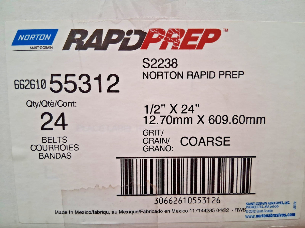 Norton Aluminum Oxide Abrasive Belts QTY24 1/2" Wide 24" OAL 80 Grit 6
