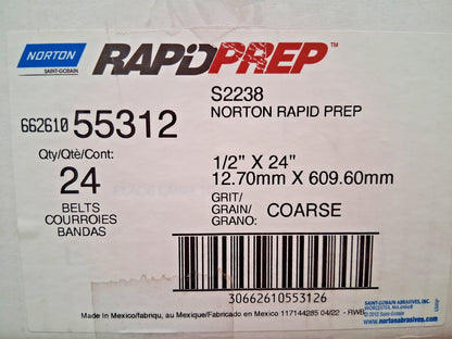 Norton Aluminum Oxide Abrasive Belts QTY24 1/2" Wide 24" OAL 80 Grit 6