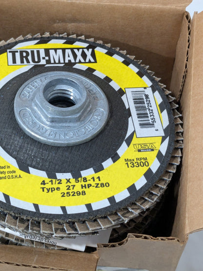 Tru-Maxx Flap Disc: 4-1/2" Daim, 5/8-11 Hole, Medium 80 Grit, Box of 10 252