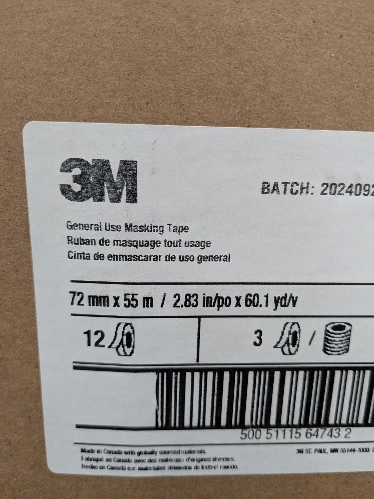 3M Masking Tape: 72 mm W, 60 yd L, 4.4 mil Thick, Tan Case of 12 7000124884