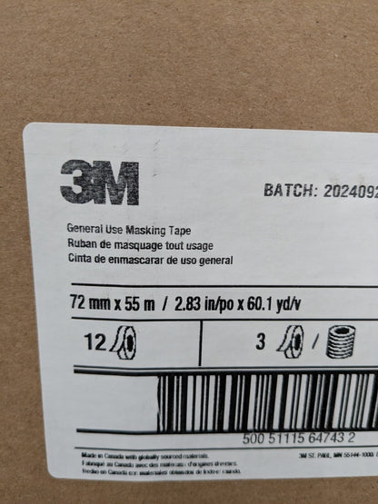 3M Masking Tape: 72 mm W, 60 yd L, 4.4 mil Thick, Tan Case of 12 7000124884