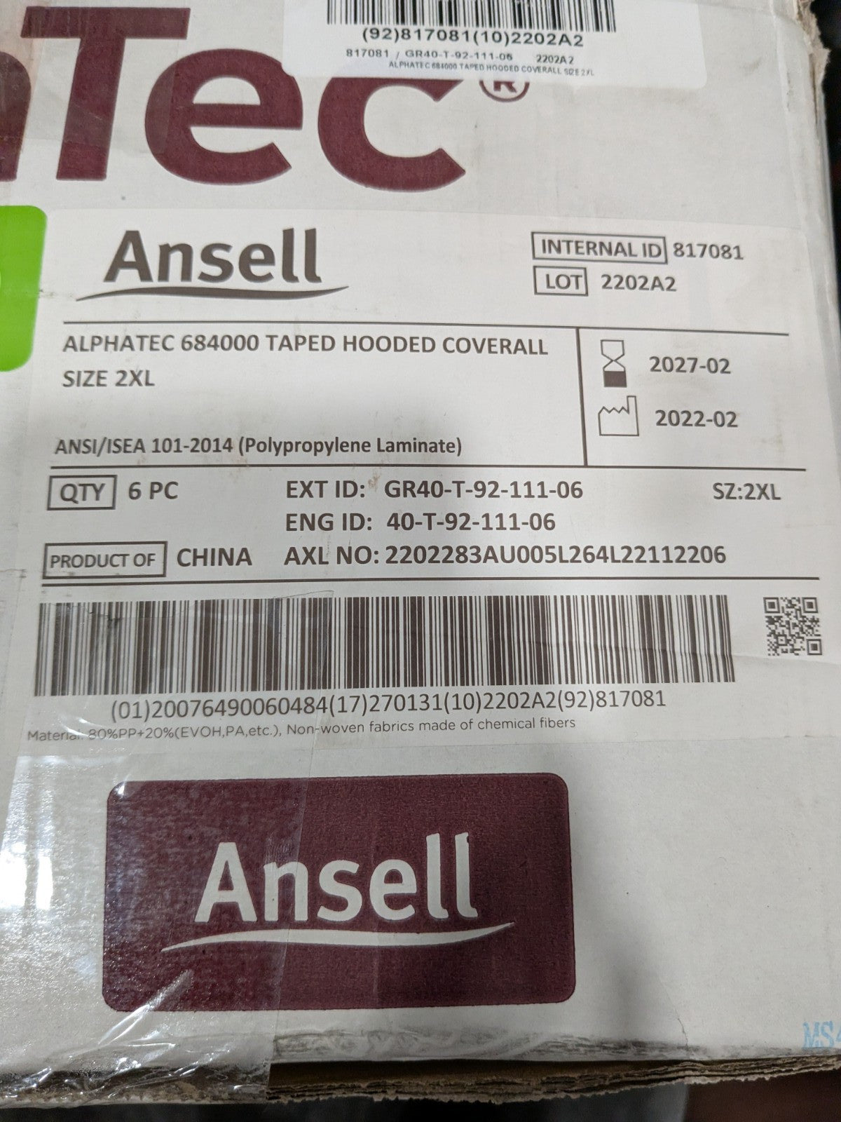 Ansell Disposable Chemical Coveralls Sz 2XL Qty 6 GR40-T92-111-06 NO MASK