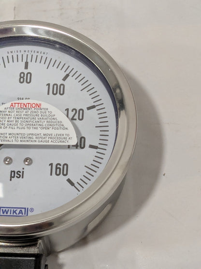 WIKA Pressure Gauge 4" Dial, 0 to 160 psi, 1/2" Thread, NPT Lower Mount 9768556