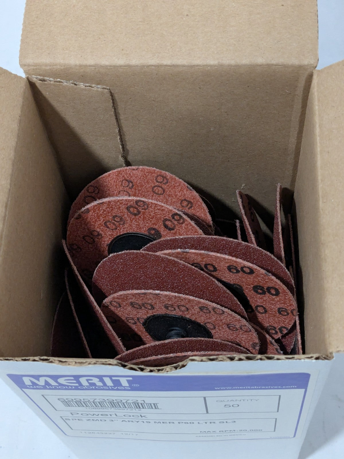 Merit Quick-Change Disc: Type R, 3" Dia, 60 Grit, AO, Coated Qty 50 6995739