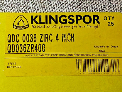 Klingspor Quick-Change Zirconia Alumina Disc QTY25 QDC 4" Dia 36Grit QD036Z