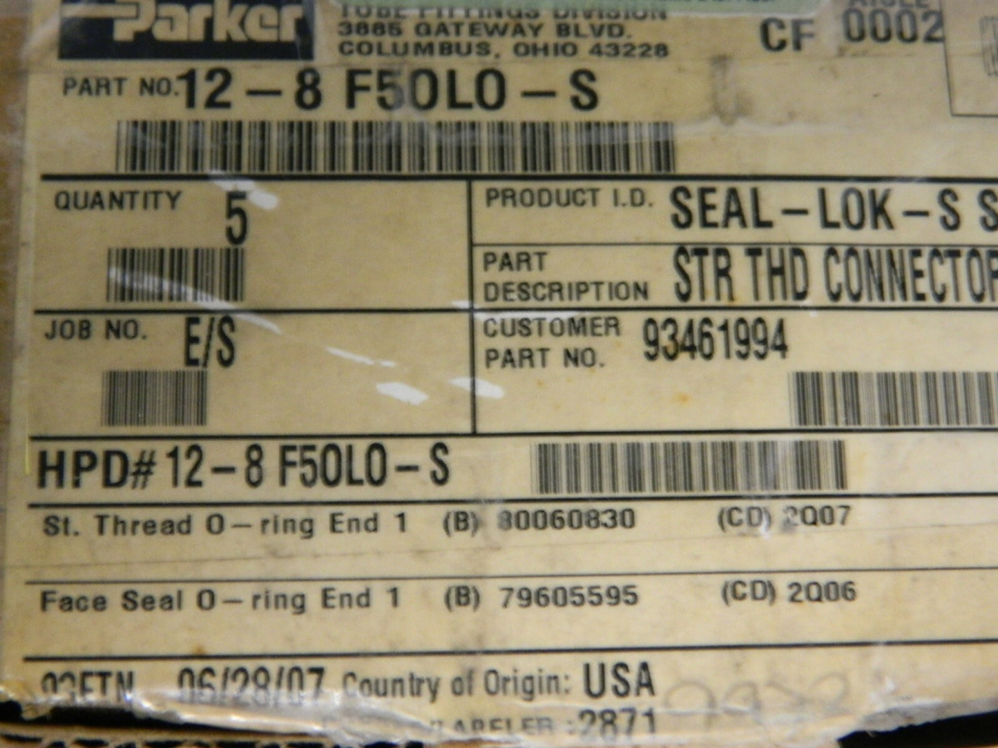 Parker Seal Tube Fittings 1-3/16"-12 UN/F Seal-Lok-S O-Ring Qty 5 12-8 F5OL
