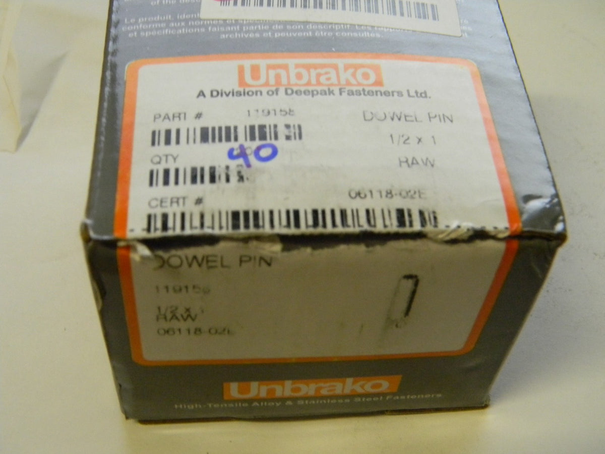 Unbrako 1/2" x 1" Pin Length Grade 8 Oversized Dowel Pins Box of 40 11