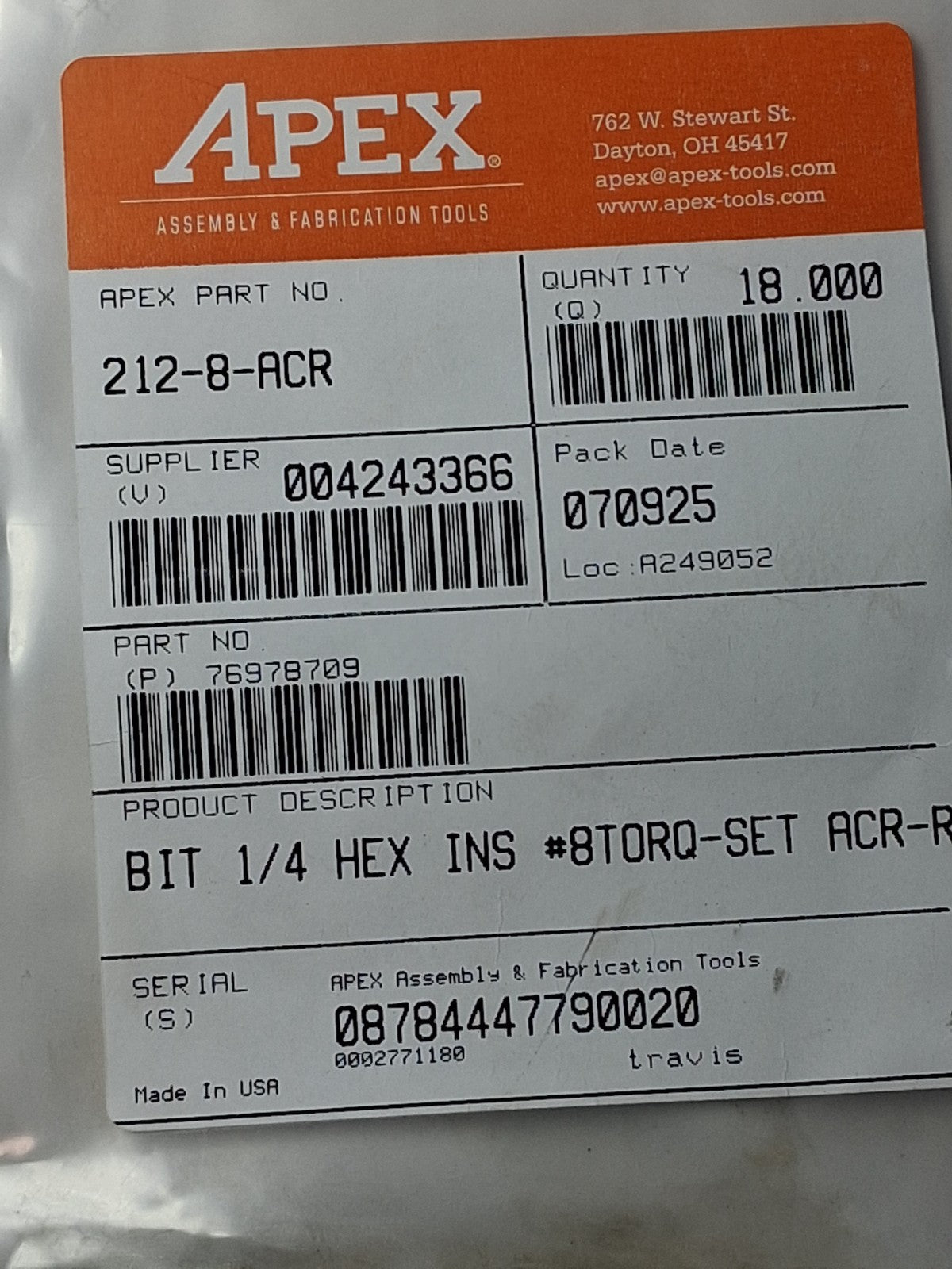 Apex Screwdriver Insert 8mm point Bits QTY 18 1/4" Drive 1-1/4" OAL 21