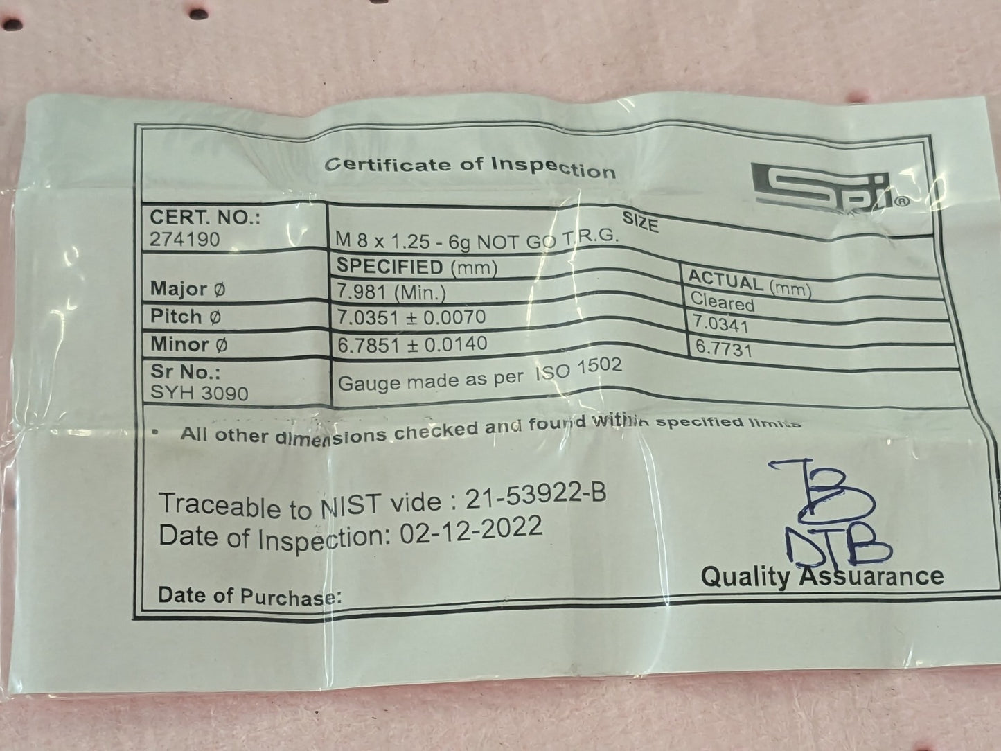 SPI Threaded Ring Gage: M8 x 1.25 Thread, Metric, Class 6G, No go