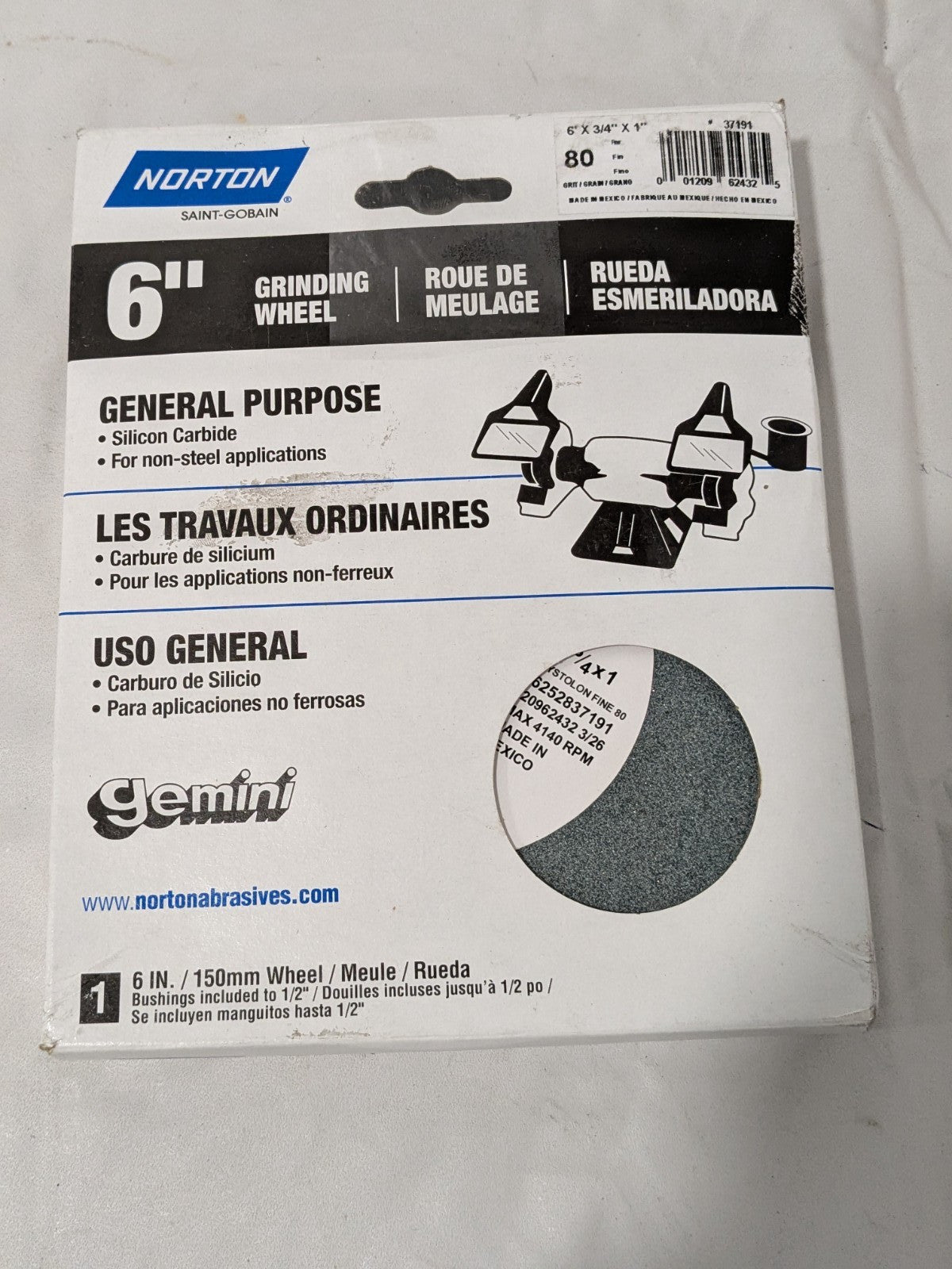 Norton Bench & Pedestal Grinding Wheel 6" Dia, 3/4" Thick, 1" Hole 66252837191
