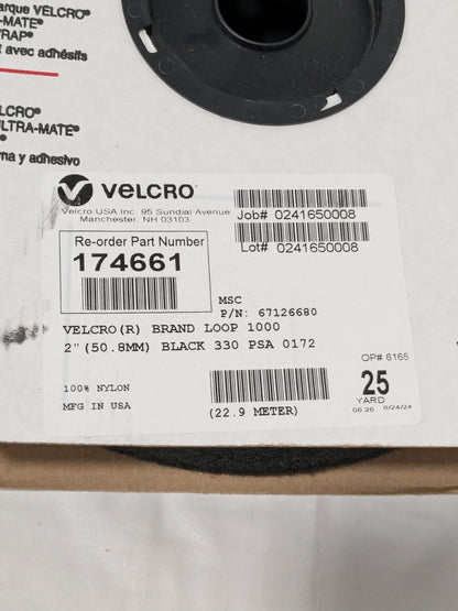 Velcro 2" x 25 Yd Adhesive Backed Loop Roll, Continuous, Black 174661