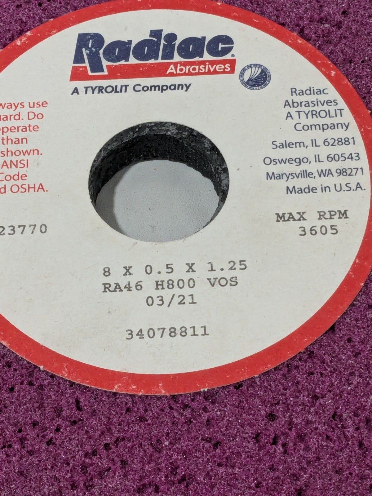 RADIAC 8" Diameter Surface Grinding Wheel - 1-1/4" Hole Size, H Wheel 34078811