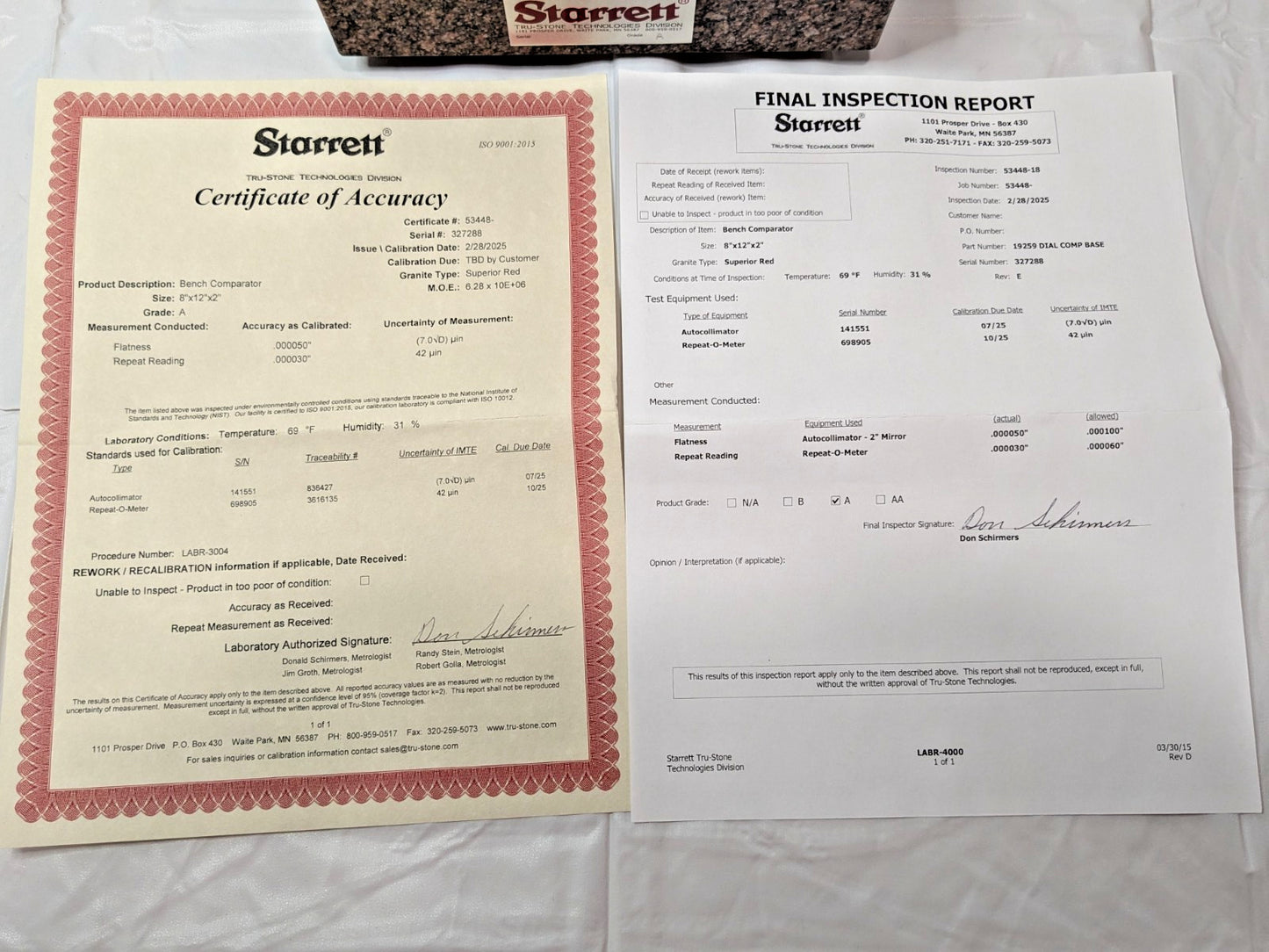 Starrett Granite Comparator Stand 8" x 12" x 2" W/O Indicator 566
