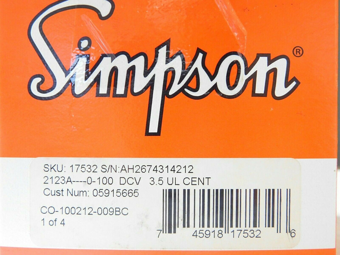 Simpson Electric Analog Panel Meter Style 0-100 DCV 3.5 Century 2123A 17532
