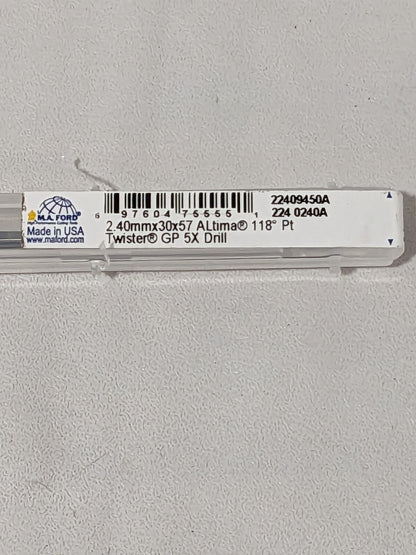 M.A. FORD Jobber Length Drill Bit: 2.40 mm (0.0945) Dia, 118º 22409450A