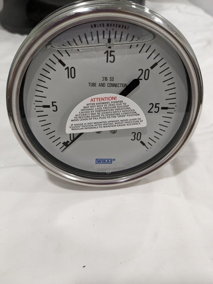 WIKA Pressure Gauge: 4" Dial, 30 psi, 1/2" Thread, Lower Back Mount 98