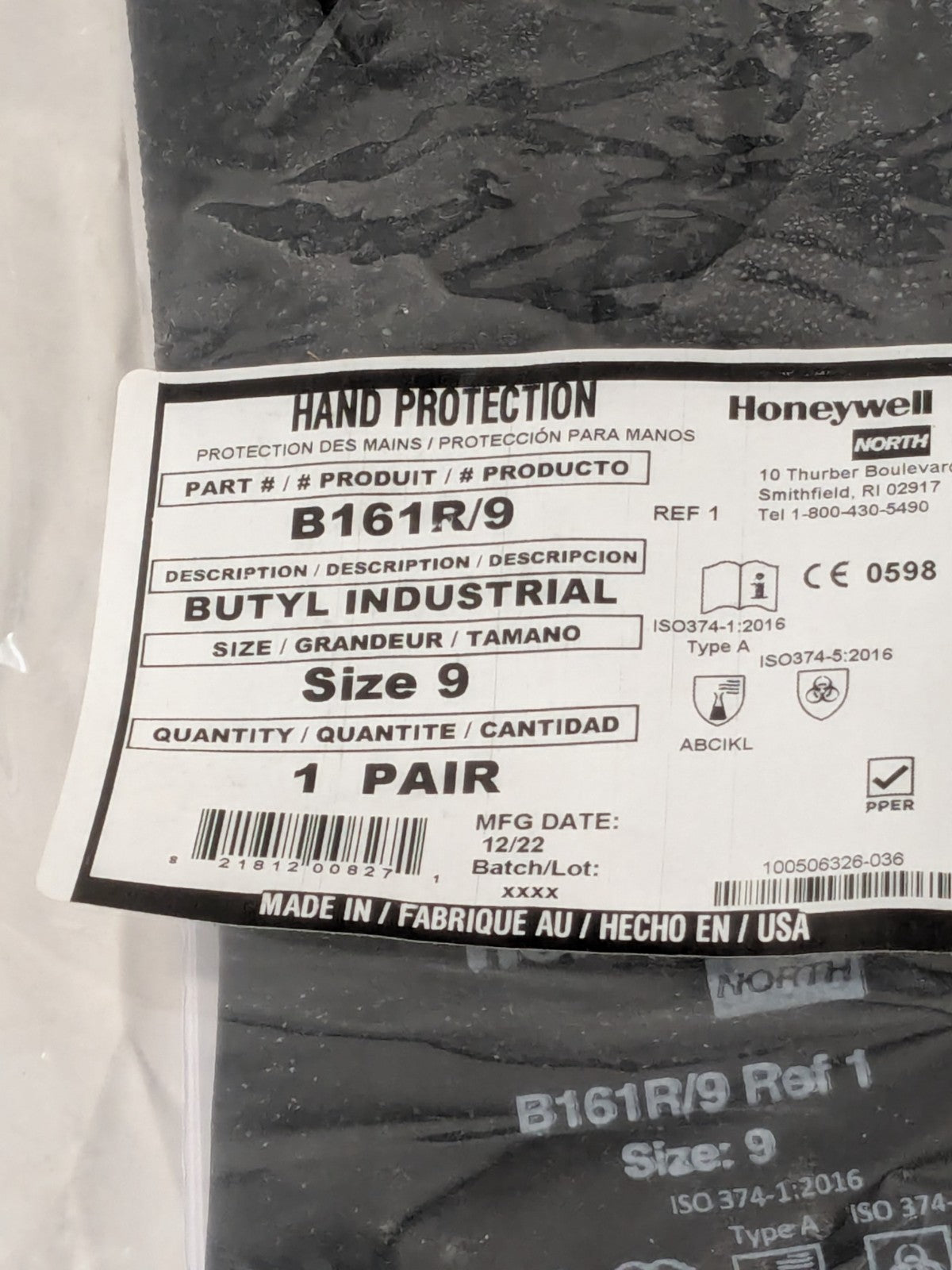 NORTH Chemical Resistant Gloves: North Sz L, 16.00 mil, Butyl B161R/9