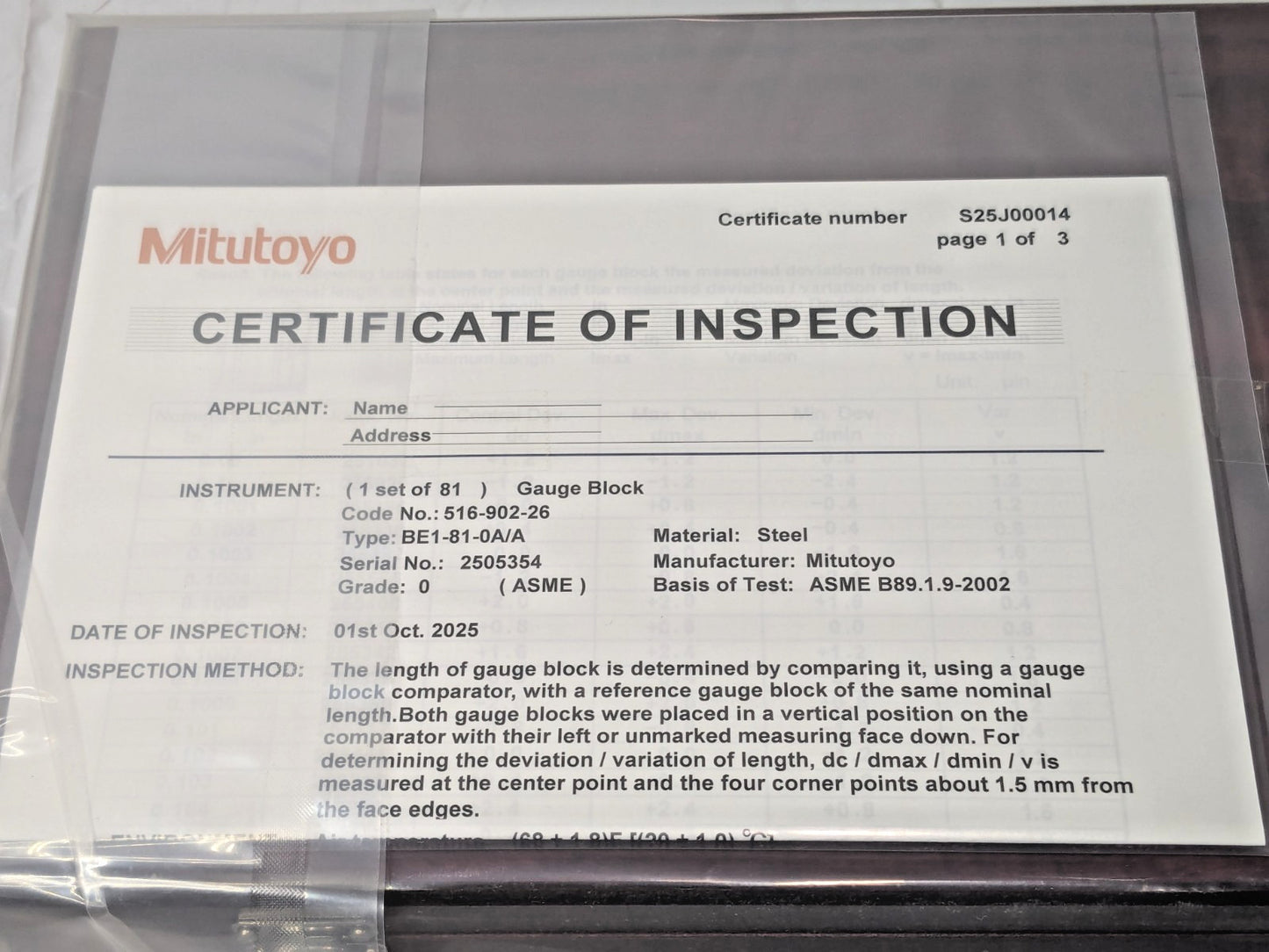 Mitutoyo 81 Piece Gage Block Set Steel 0.05 to 4" Range w/Cert 516-902-26