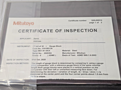 Mitutoyo 81 Piece Gage Block Set Steel 0.05 to 4" Range w/Cert 516-902-26
