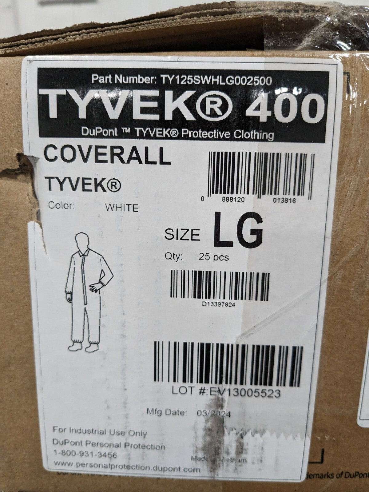 DUPONT Disposable Coveralls 25pk Size Large, 1.2 oz, Tyvek TY125SWHLG002500