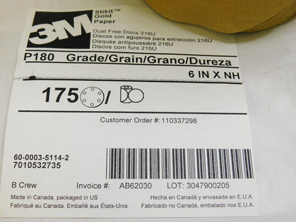 3M Stikit Gold Paper Disc Roll 216U 6" x NH P180 A-Weight QTY 1 Roll 701053