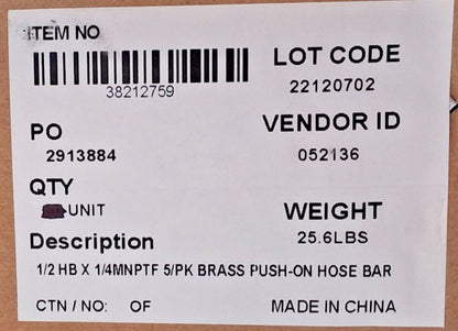 QTY 5 Brass Barbed Push-On Hose Male Connectors 1/4" NPT 2750002630