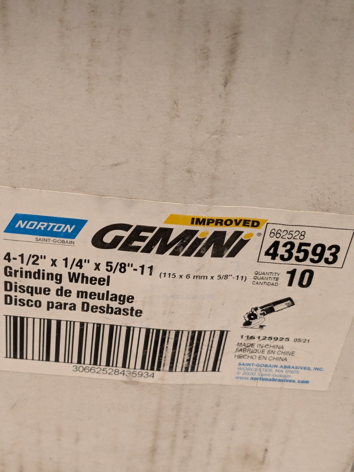 Norton Depressed-Center Wheel: Type 27, 4-1/2" Dia, Box of 10 66252843593