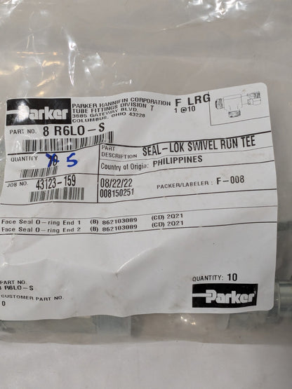 Parker Seal-Lok Run Tee 1/2 X 1/2 ORFS Swivel X 1/2 Steel Qty 5 8 R6LO-S