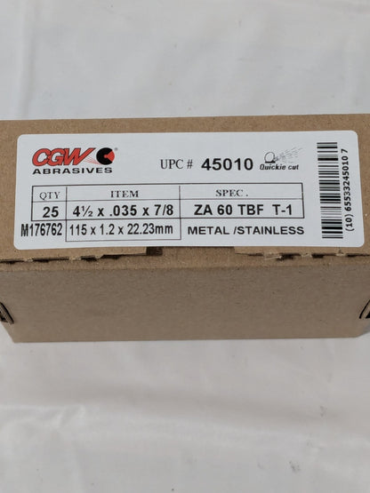 (25) CGW Cutoff Wheel: Type 1, 4-1/2" Dia, 0.0350" Thick, 7/8" Hole 45010