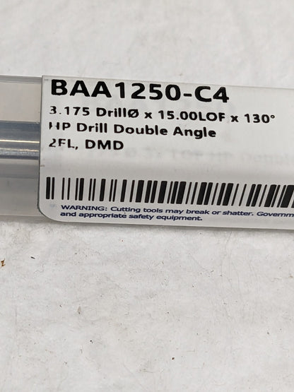 HARVEY TOOL Jobber Drill: 1/8 Dia, 130 deg Point, Solid Carbide BAA1250-C4