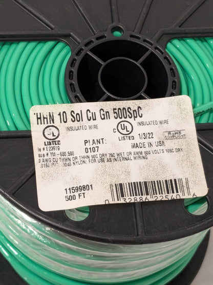 Southwire Building Wire: THHN, 10.000 AWG, Nylon, Solid Core, 500' L 115998