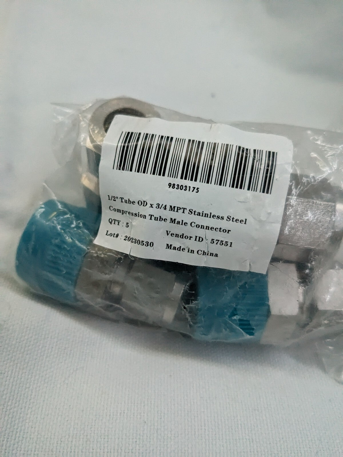 Compression Tube Connector 5pk 1/2" Tube OD, Compression x MNPT 98303175