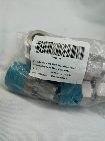 Compression Tube Connector 5pk 1/2" Tube OD, Compression x MNPT 98303175