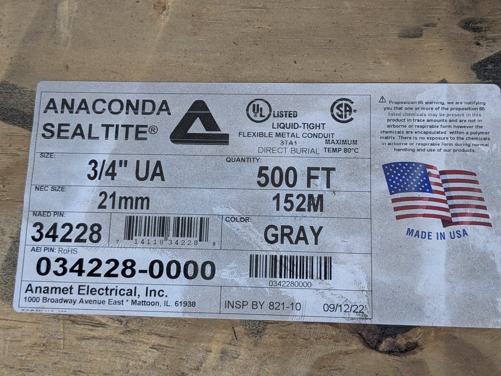500 Ft Spool of Anaconda Sealtite 3/4" Liquid-Tight Flexible Metal Conduit