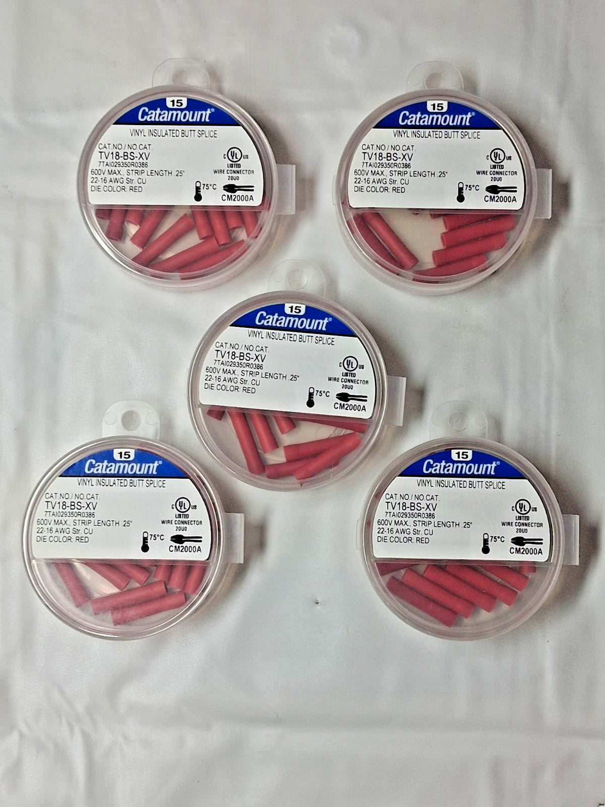 Catamount Vinyl Butt Splices 22-16 AWG Red 75 PC TV18-BS-XV