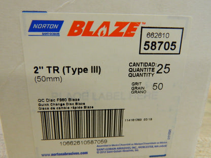NORTON Fiber Disc: 1/4" Hole, 50 Grit, Ceramic Alumina Qty 25 66261058705