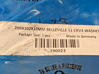 Mubea Belleville Disc Spring 51CrV4 102 mm ID X 15.6 mm OAH X 200 mm OD 190023