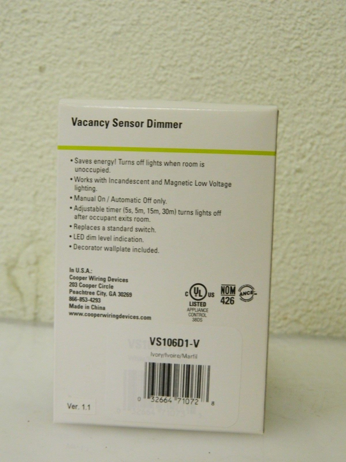 Cooper Wiring Infrared Vacancy Sensor Wall Switch 1,000 Sq. Ft. Cover VS106D1-V