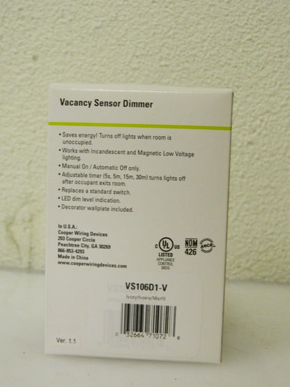 Cooper Wiring Infrared Vacancy Sensor Wall Switch 1,000 Sq. Ft. Cover VS106D1-V