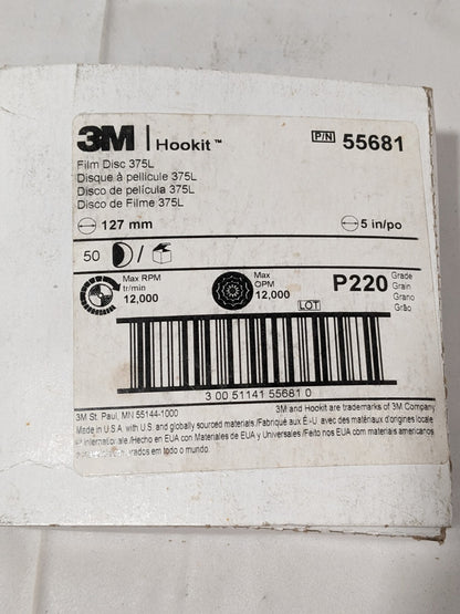 3M Hookit Film Abrasive Disc 375L, 5", P220 - MAX RPM 12,000 Qty 50 55681
