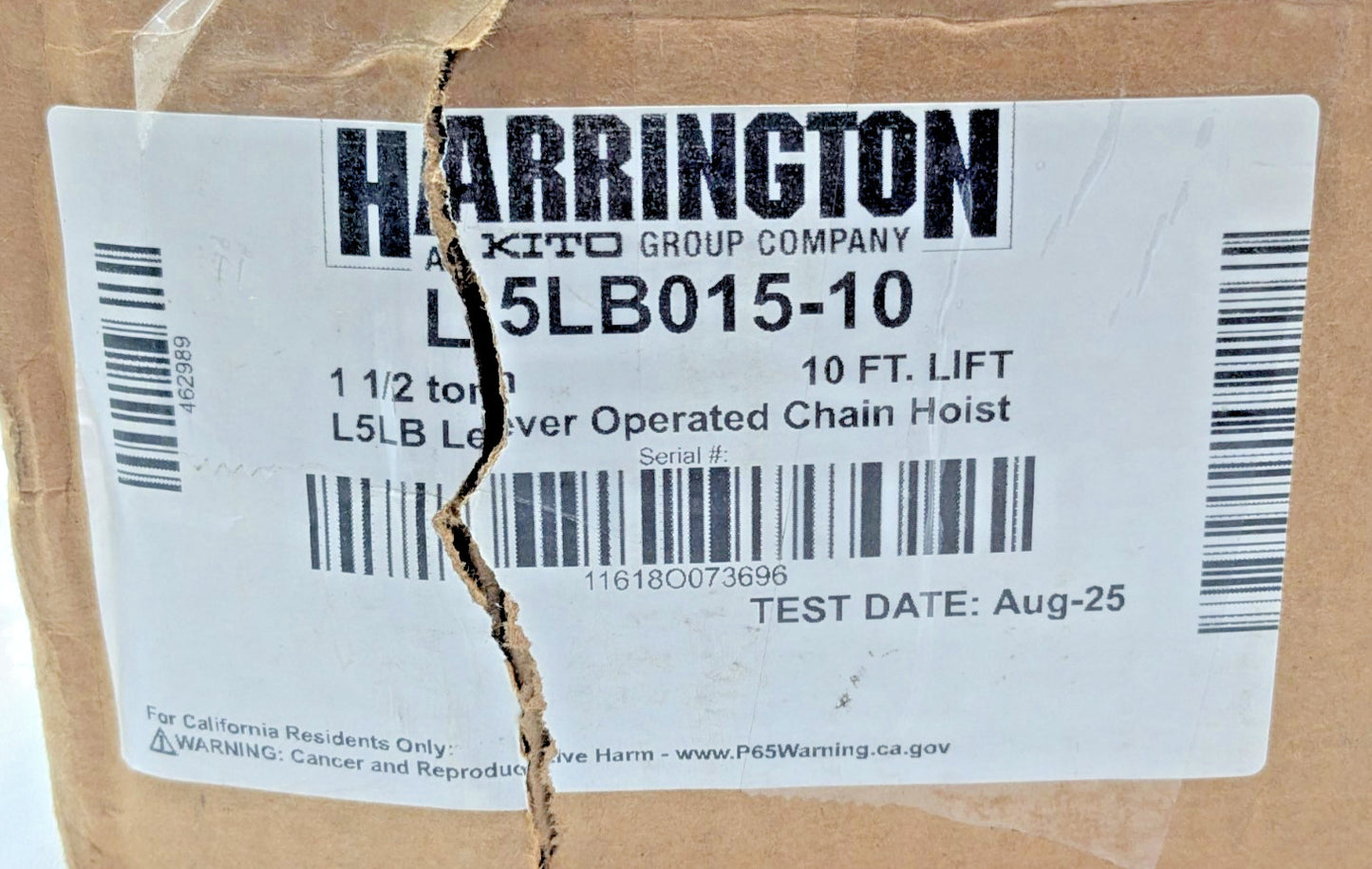 Harrington 1-1/2 Ton Lever Operated Chain Hoist 10 Ft Lift L5LB015-10