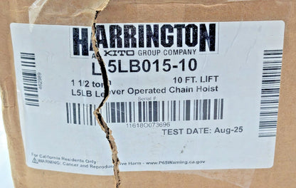Harrington 1-1/2 Ton Lever Operated Chain Hoist 10 Ft Lift L5LB015-10
