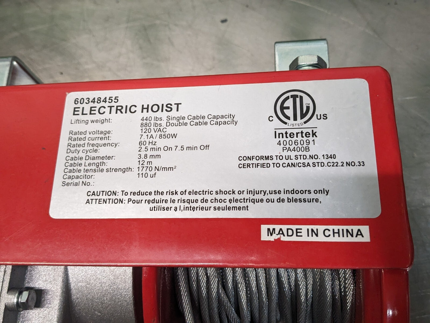 Electric Cable Hoist 880 lb. Capacity 38 Ft. Max Lift 120v