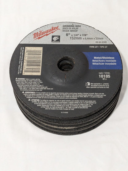 (5) Milwaukee Depressed-Center Wheel: 6" Dia, 1/4" Thick, 7/8" Hole 49-94-6340