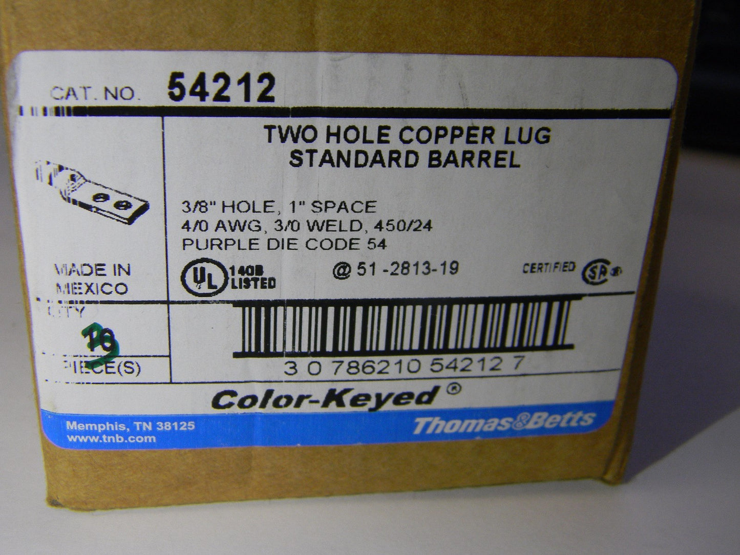 Thomas & Betts 4/0 AWG Noninsulated Crimp Rectangle Ring Terminal QTY 3  54212