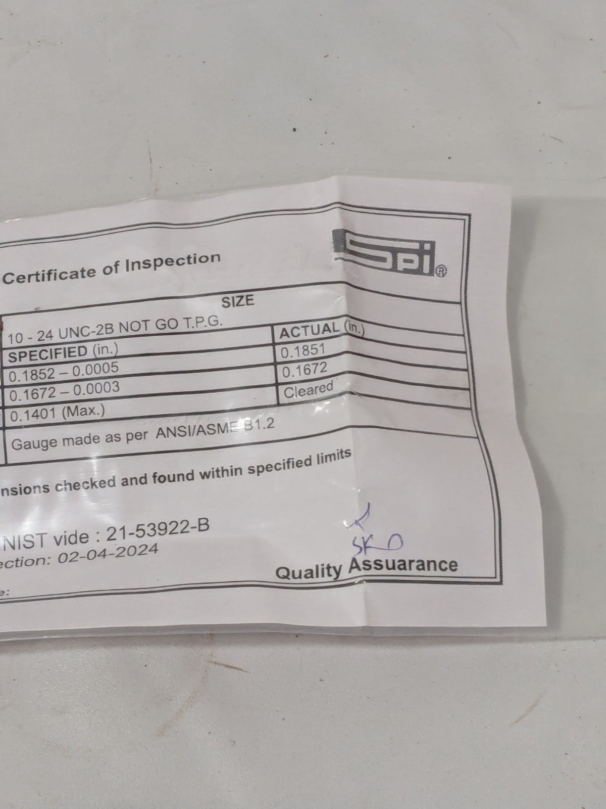 SPI Plug Thread Gage: #10-24 Thread, 2B Class, No Go 34-367-3