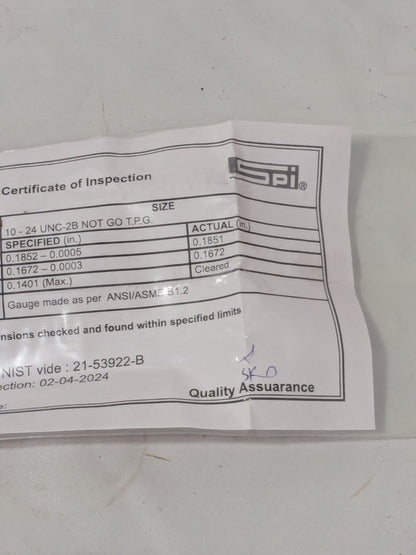 SPI Plug Thread Gage: #10-24 Thread, 2B Class, No Go 34-367-3