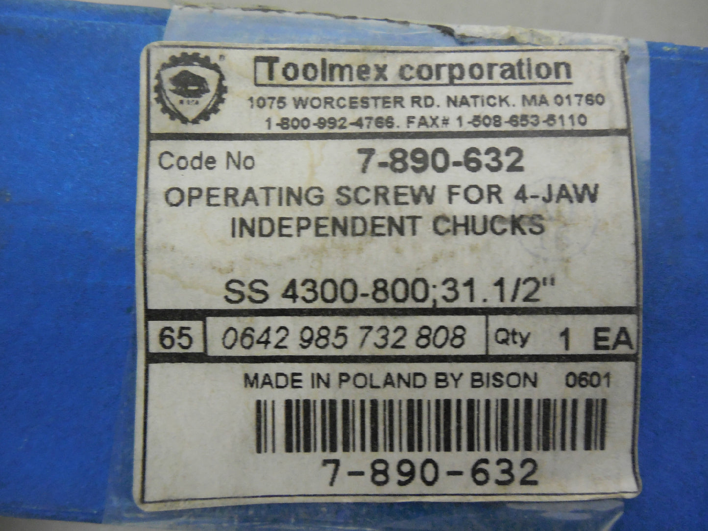 Bison Lathe Chuck Screw 32" Chuck Diam Compatible, 1.73" OD  7-890-632